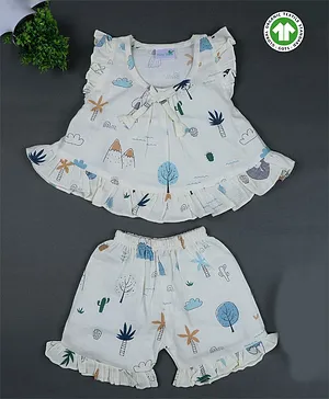 Baby Moo Organic Muslin Cap Frill Sleeves Nature Theme Printed Top & Shorts Set  - Cream