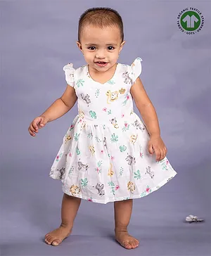 Baby Moo Organic Muslin Flutter Cap Sleeves All Over Lion & Zebra With Floral Printed Fit & Flare Dress - White