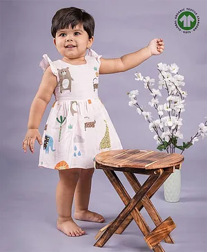 Baby Moo Organic Muslin Flutter Cap Sleeves All Over Baby Animals Printed Fit & Flare Dress - Pink