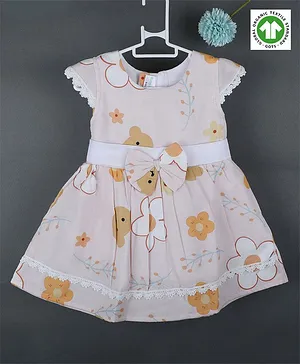Baby Moo Organic Muslin Cap Sleeves All Over Flower Printed & Lace With Bow Embellished Fit& Flare Dress - Peach
