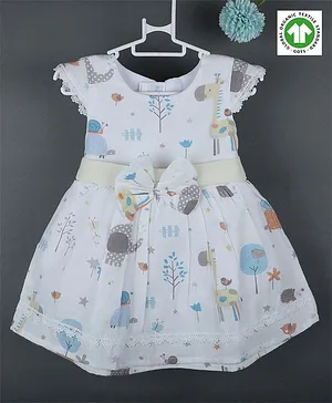 Baby Moo Organic Muslin Cap Sleeves All Over Baby Animals & Trees Printed & Lace With Bow Embellished Fit& Flare Dress - Yellow & White