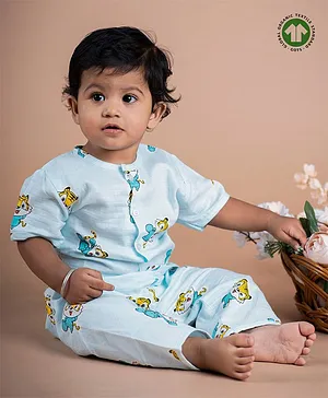 Baby Moo Organic Muslin Half Sleeves Animal Theme TIger Printed Night Suit - White