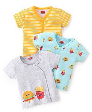 Babyhug 100% Cotton Half Sleeves Vests Stripes & Fries Print Pack of 3- Grey Blue & Yellow