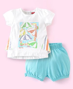 Babyhug 100% Cotton Knit Half Sleeves Top and Shorts Set Umbrella Print - White & Blue