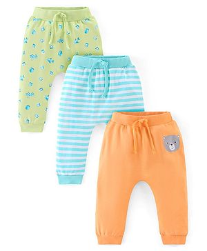 Babyhug Cotton Full Length Diaper Pants Stripes & Bear Print Pack of 3 - Orange Blue & Green