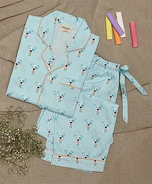 Giggle Buns Full Sleeves Dog Printed Night Suit - Light Blue