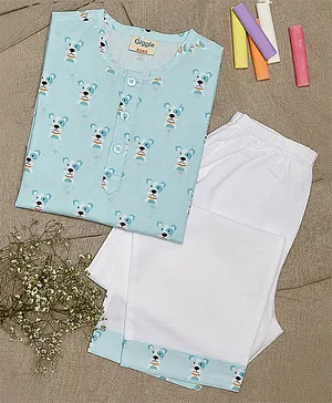 Giggle Buns Full Sleeves Dog Printed Night Suit - Light Blue & White