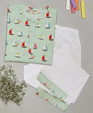 Giggle Buns Full Sleeves Sailor Theme Boat Sail Day Printed Night Suit - Green & White
