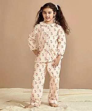 Giggle Buns Full Sleeves Peter Pan Collared All Over Furry Fox Printed Coordinating Night Suit - Peach