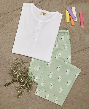 Giggle Buns Full Sleeves Bunny & Embroidered & All Over Bunny Printed Coordinating Night Suit - Green & White