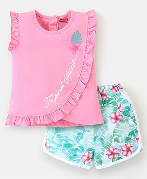 Babyhug 100% Cotton Single Jersey Knit Frill Sleeves Top & Shorts Set Floral Print - Pink & White