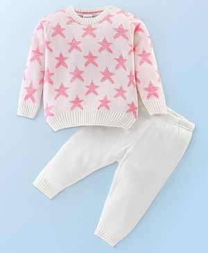 Babyhug Knit Full Sleeves Star Print Baby Sweater Sets - OffWhite