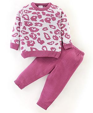 Babyhug Knit Full Sleeves Printed Baby Sweater Sets - Pink