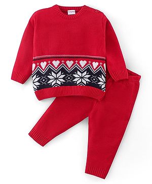 Babyhug Knit Full Sleeves Sweater Set with Flower Design - Red