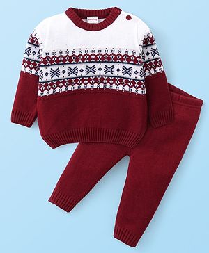 Babyhug Knit Full Sleeves Baby Sweater Set Intarsia Design - Maroon