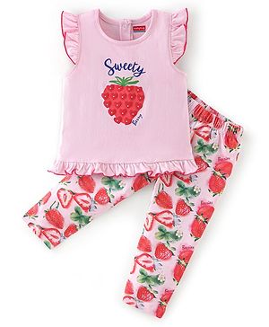 Babyhug 100% Cotton Sleeveless Top & Leggings Set Strawberry Print- Pink