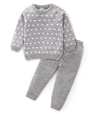 Babyhug Knitted Full Sleeves Polka Dots Design Sweater Set - Grey