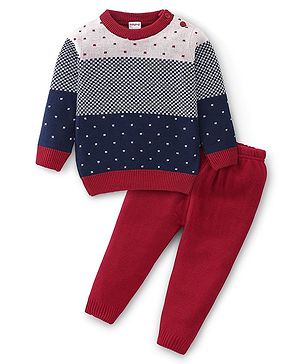 Babyhug Knitted Full Sleeves Checks & Design Sweater Set - Multicolour