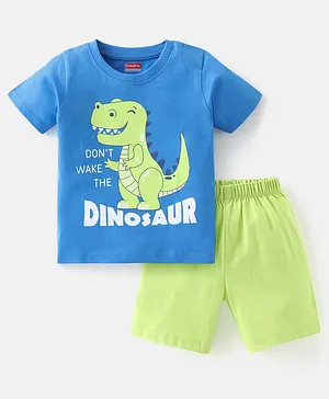 Babyhug Cotton Knit Half Sleeves Night Suit with Dino Print - Blue & Green