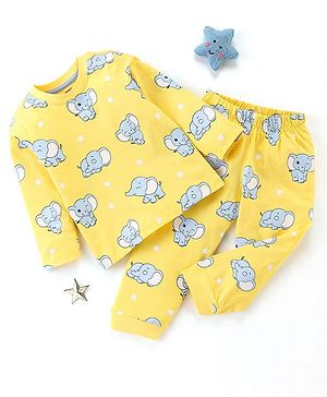 Babyhug Cotton Jersey Full Sleeves Night Suit Elephant Print - Yellow