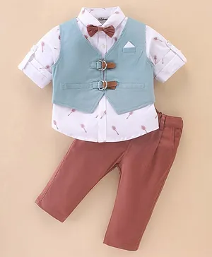 ToffyHouse 100% Woven Cotton Full Sleeves Party Suit with Bow & Suspenders Badminton Racket Print - Brown Blue & White