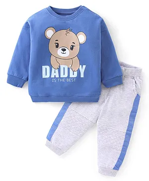 Babyhug Single Jersey Full Sleeves T-Shirt & Lounge Pants With Teddy Print - Blue & Grey