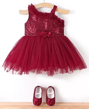 Bluebell Sleeveless Party Frock with Sequin Detailing & Pair of Booties - Maroon