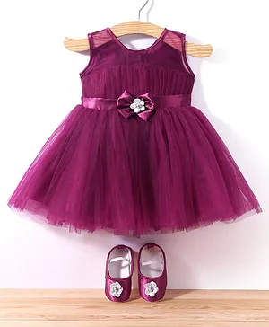 Bluebell Sleeveless Party Frock Floral & Bow  Detailing With Booties - Purple