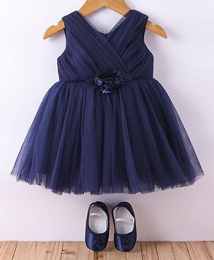 Bluebell Net Sleeveless Party Frock with Corsage and Booties - Navy Blue