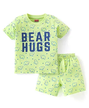 Babyhug Cotton Knit Half Sleeves Night Suit with Text Print - Green & Blue