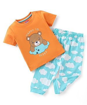 Babyhug Cotton Half Sleeves Night Suit Bear & Cloud Print- Orange & Blue