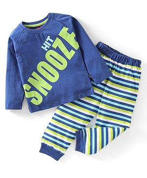 Babyhug Cotton Full Sleeves Night Suit Stripes & Text Print - Blue & Yellow