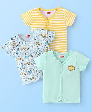 Babyhug 100% Cotton Knit Half Sleeves Front Open Vest Stripes & Jungle Print Pack of 3 - Yellow & Blue