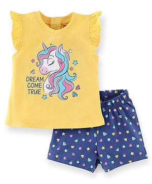 Babyhug Cotton Knit Half Sleeves Night Unicorn Print - Yellow