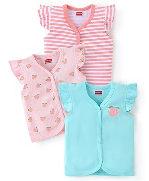 Babyhug 100% Cotton Knit Half Sleeves Front Open Vest Stripes & Peach Print Pack of 3 - Pink & Blue