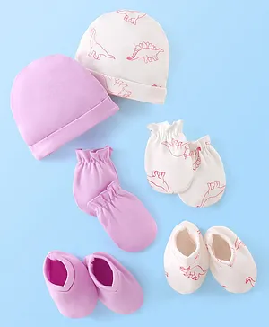 Doodle Poodle  100% Cotton Interlock Cap Mittens & Booties Dino Print Pack of 2- Purple & White