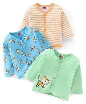Babyhug 100% Cotton Full Sleeves Vests Stripes & Tiger Print Pack of 3- Green Orange & Blue