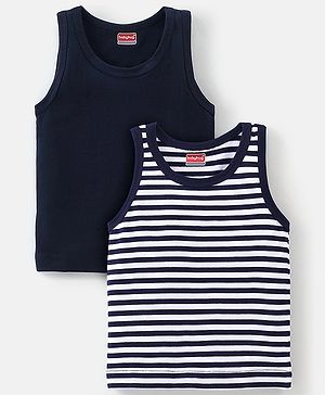 Babyhug 100% Cotton Knit Sleeveless Solid & Striped Sando Pack of 2 - Navy Blue