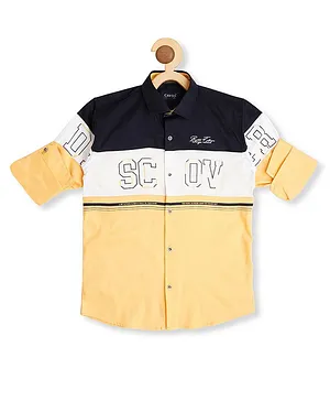 CAVIO Full Sleeves Text Printed Colour Blocked Shirt  - Lemon Yellow