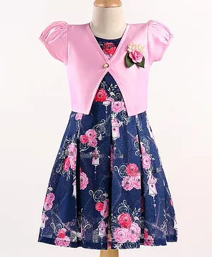 Enfance Sleeveless  Floral Printed Flared Dress With Jacket - D.Blue