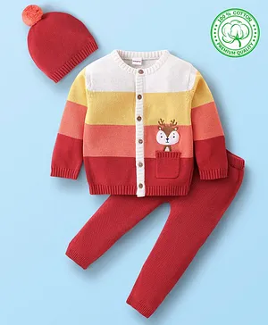 Babyhug Full Sleeves Organic Cotton Sweater and Pant Set with Pom Pom Cap Fox Embroidery - Red