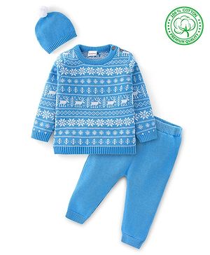 Babyhug Organic Cotton Knit Full Sleeves Sweater Set with Cap Reindeer Design - Blue