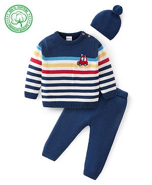 Babyhug Organic Full Sleeves Baby Sweater Set Striped with Cap - Navy Blue