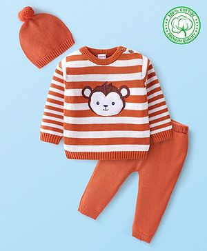 Babyhug Organic Cotton Knit Full Sleeves Sweater Set with Cap Monkey Design - White & Orange