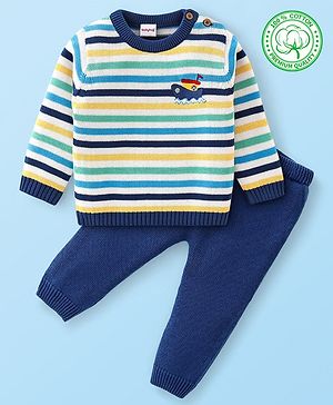 Babyhug Organic Cotton Knit Full Sleeves Striped Sweater & Pajama Set With Cap Ship Embroidery - Multicolour