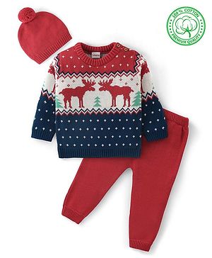 Babyhug Organic Cotton Knit Full Sleeves Reindeer Design Sweater Set with Cap - Red & Navy Blue