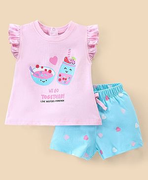 Babyhug Cotton Knit Frill Sleeves Night Suit with Smoothie Print - Pink & Sea Green