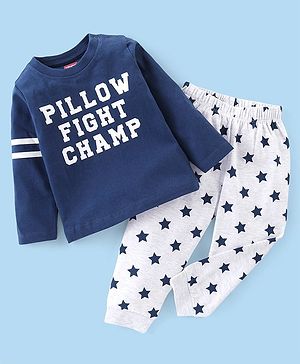Babyhug Cotton Knit Full Sleeves Night Suit with Text & Stars Print - Blue & Light Grey
