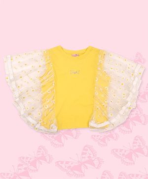 Cutecumber Daisy Embroidered Butterfly Sleeves Top - Yellow