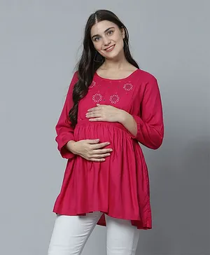 Zelena Three Fourth Sleeves Motif Embroidered Yoke & Frill Detailed Maternity Top With Concealed Zipper Nursing Access - Pink